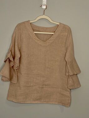 Women's Taupe Ruffle Sleeve Linen Blouse Medium